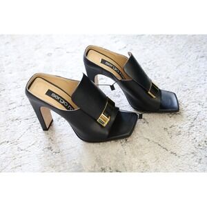 Sergio Rossi Black Leather Square Toe Block Heel Mules Gold Buckle Made Italy 35